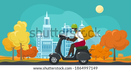 Young african guy in protective face mask with box for food delivery rides a scooter on an autumn background of trees with yellow leaves and cities,online delivery service and stay home concept,vector