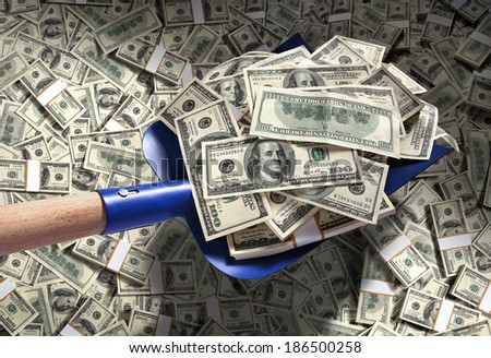 Money with shovel / studio photography of American moneys of hundred dollar 