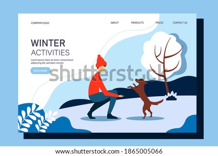 Man playing with a dog in the park. Landing page template. Conceptual illustration of outdoor recreation, active pastime. Winter illustration in flat style.