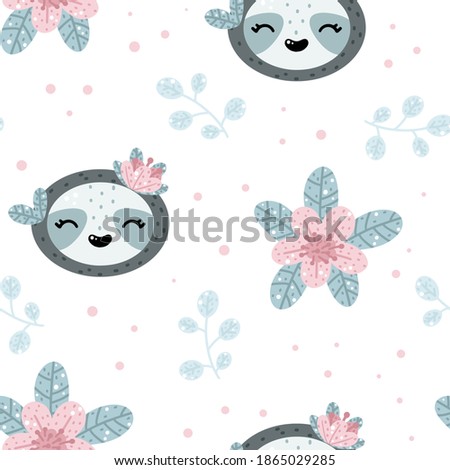 Cute sloth seamless pattern with floral elements and abstract dots around. Nursery hand drawn vector illustration in Scandinavian style.