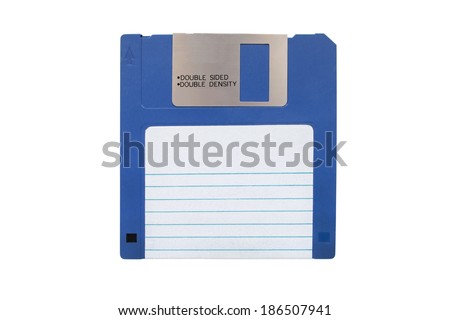 Blue floppy disk with blank label on white background Royalty-Free Stock Photo #186507941