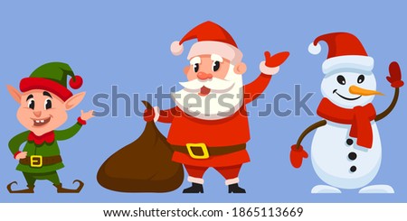 Christmas characters waving hands. Santa Claus, elf and snowman in cartoon style.