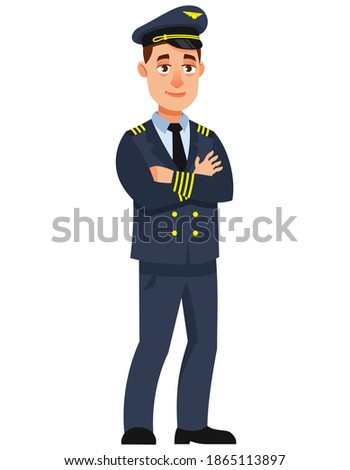 Airplane pilot with his arms crossed. Male character in cartoon style.