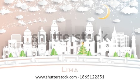 Lima Peru City Skyline in Paper Cut Style with Snowflakes, Moon and Neon Garland. Vector Illustration. Christmas and New Year Concept. Santa Claus on Sleigh.