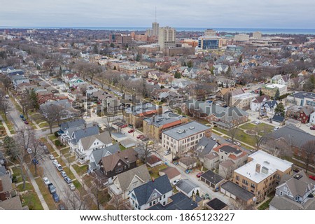Aerial image of Milwaukee WI, corner of E Locust St and Newhall St November 30 2020 facing NE towards the University of Wisconsin, Milwaukee.