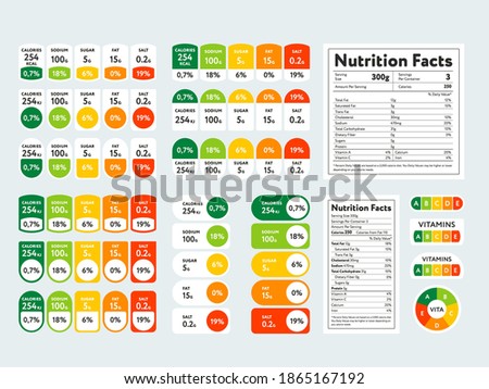 Food value infographic set. Labels with nutrition facts, calories, fats, sugar, saturates percentage content. Flat vector illustration for product package templates, diet, eating concepts
 Royalty-Free Stock Photo #1865167192