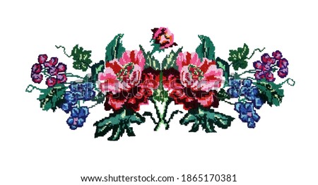 Ukrainian hand embroidery. Embroidered flowers in the old style. Composition of flowers. Isolated on a white background.