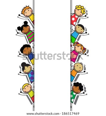 Cartoon kids and vertical white paper strip background 