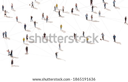 Aerial view of crowd people connected by lines, social media and communication concept. Top view of men and women isolated on white background with shadows. Staying online, internet, technologies. Royalty-Free Stock Photo #1865191636