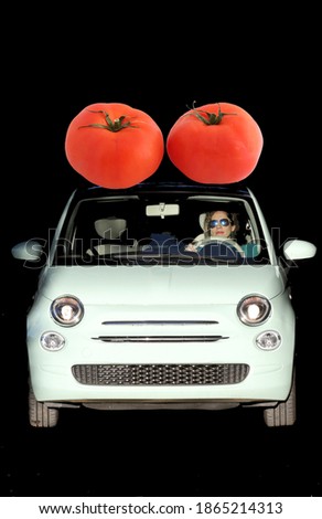 car with food in the roof and woman driving