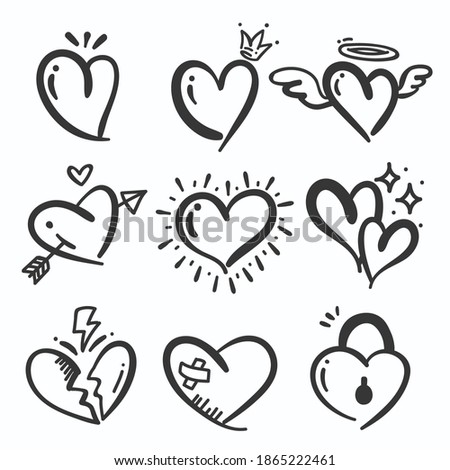 Hand drawn line drawing heart shaped stick wings embroidered on valentines day
