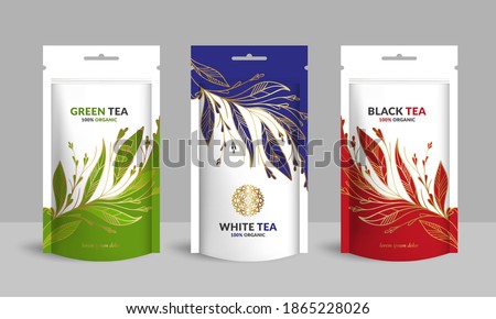 Tea packaging design with zip pouch bag mockup. Vintage vector ornament template. Elegant, classic elements. Great for food, drink and other package types. Can be used for background and wallpaper. Royalty-Free Stock Photo #1865228026