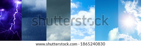 Photos of sky in collage, banner design. Different weather Royalty-Free Stock Photo #1865240830
