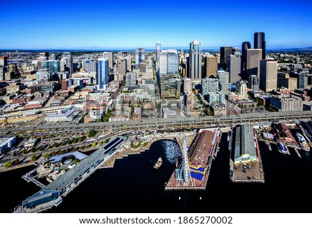 Aerial view of Seattle waterfront and cityscape, Washington, United States