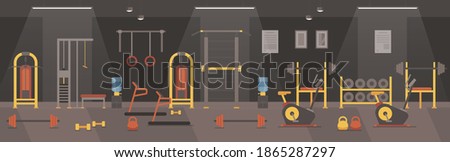 Cartoon sport club or fitness center gym room with treadmill machine, bike equipment, metal dumbbell and barbell bench for weight sport workout. Gym interior vector illustration
