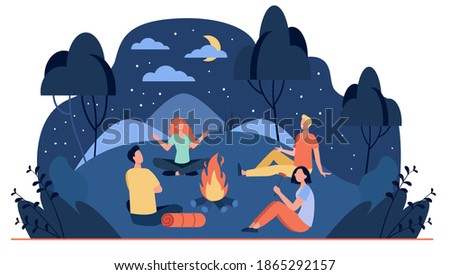 Happy friends sitting near campfire at summer night flat vector illustration. Cartoon people telling scary story near fire. Summertime camping and nature recreation concept Royalty-Free Stock Photo #1865292157