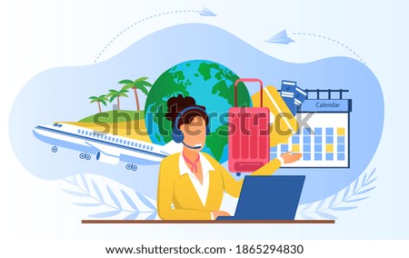 Touristic service with travel company manager. Airline call center manager wearing headset, using laptop, consulting customers. Choosing vacation tour concept. Vector illustration Royalty-Free Stock Photo #1865294830