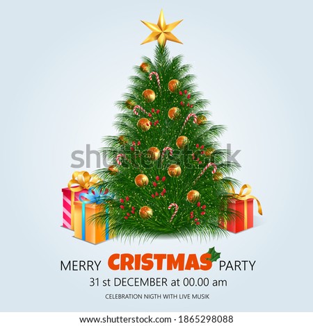Christmas tree with decorations background. Merry Christmas, tree and gift boxes. Celebration. Happy New Year and beautiful decorated christmas tree. Vector illustration