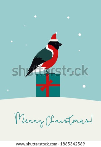 Christmas flat style bullfinch. Winter holiday snow background. Christmas and New Year cards, banners and posters. Vector illustration.