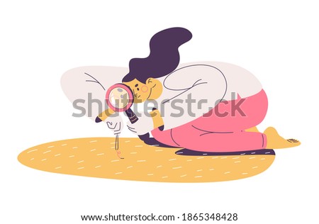 Woman suffering from ocd and cleaning her house with magnifier and tweezers. Isolated on white vector stressed character Royalty-Free Stock Photo #1865348428