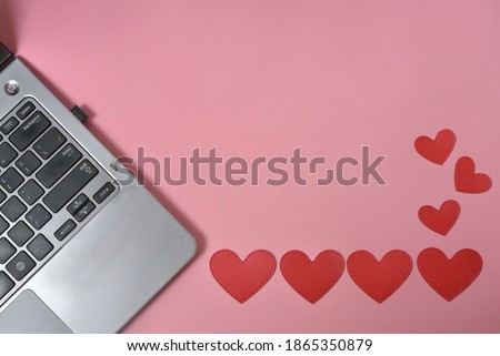 Layout, top view for valentine's day online shopping and sales. notebook, hearts