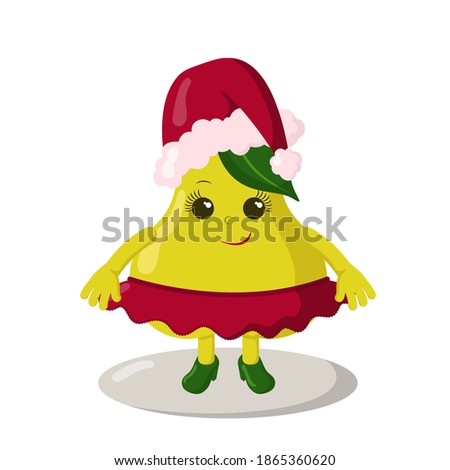 Funny smiling cute kawaii pear with skirt and christmas hat. Colored isolated vector illustration in flat design with shadows