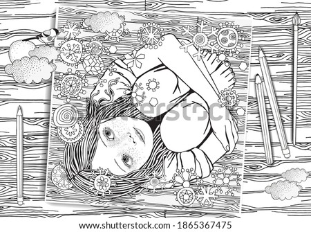The little girl is sitting on the wooden floor. Snowing.  Snowflakes fall. Black and white doodle coloring book page for adults and children.