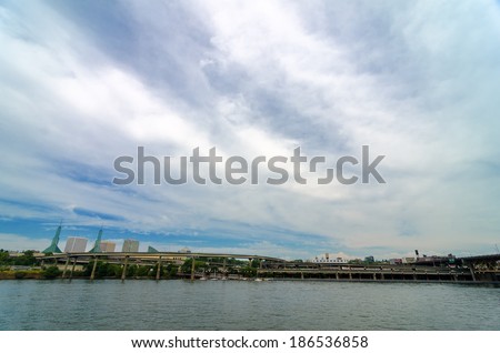 Wide angle view of Portland, Oregon and the Willamette River