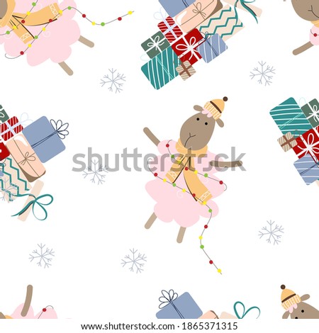 
seamless Christmas pattern with sheep on a light background. print for design of fabric, wrapping paper, tablecloth, napkins