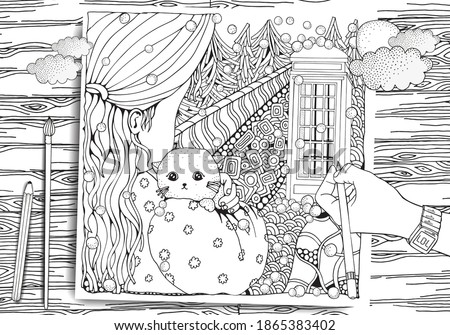 Cute cartoon girl with cat. Winter. Phonebooth door. Snowing. Adult Coloring book page. Firs. Christmas trees. Black and white. Black and white vector.