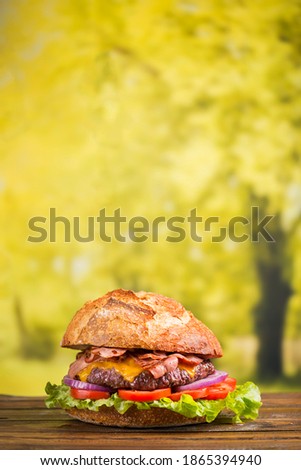 big hamburger with natural bread with background of trees