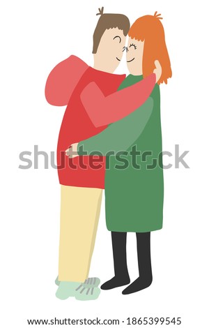 Vector illustration of cute couple in love. Romantic winter time concept of two hugging people wearing bright color warm clothes. Trendy hand drawn flat print of man and redhead woman. Valentine's Day