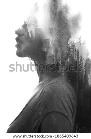 A portrait of a young woman's profile with her eyes closed against white background combined with monocrhome soft watercolor strokes in a paintography technique