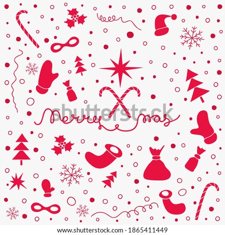 Christmas background with set of Christmas things and lettering Merry Xmas. Hand drawn holiday New Year pattern. Design element template for cards, covers, prints, web, wrapping. Vector illustration