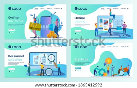 A set of landing page templates.Online payments, Online purchases, recruitment,Start-up. Templates for use in mobile app development.Flat vector illustration.