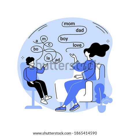 Speech therapy abstract concept vector illustration. Speech pathology therapy, improve language, development delay, speaking disability treatment, tongue exercise at home abstract metaphor. Royalty-Free Stock Photo #1865414590