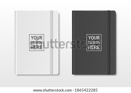Vector 3d Realistic Textured White and Black Closed Blank Paper Notebook Set Isolated on Transparent Background. Design Template of Copybook with Elastic Band for Mockup, Logo Print. Top View Royalty-Free Stock Photo #1865422285