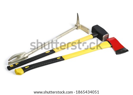 Large yellow sledgehammer, axe and hooligan pinch-bar from firefighter's toolbox isolated on white background with clipping path