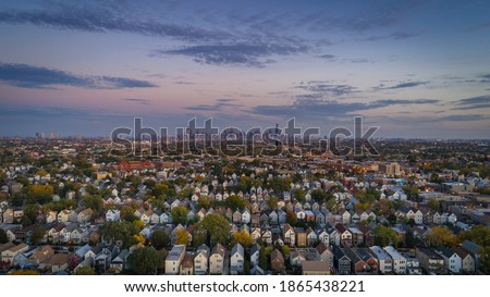 Chicago suburbs, after sunset, overlooking downtown