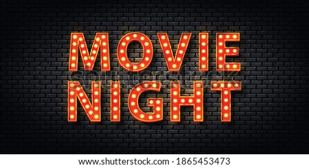 Vector realistic isolated retro marquee billboard with electric light lamps of Movie Night logo for template decoration and covering on the wall background. Concept of show and director. Royalty-Free Stock Photo #1865453473