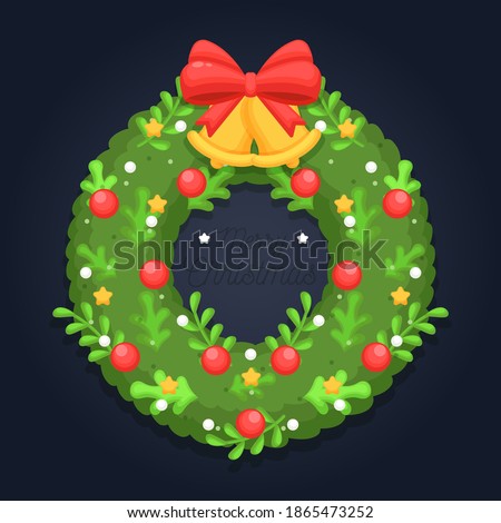 Christmas wreath of holly with red berries. Green leaf with a greeting Merry Christmas. New Year holiday celebration in December.