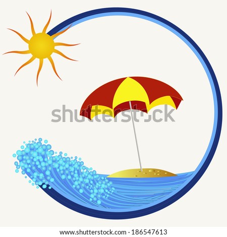 island with colorful umbrella and sun illustration