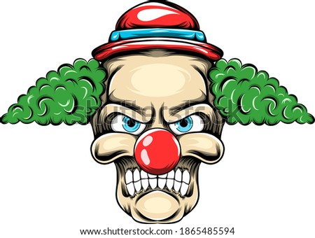 The clown with the green hair and small red hat posses with the scary face