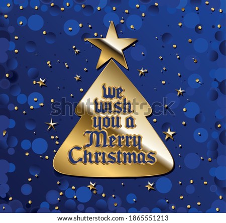 we wish you a merry christamas in gold lettering on tree and blue background vector illustration design Royalty-Free Stock Photo #1865551213