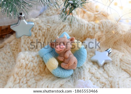 Cute sleeping calf with mittens and stars on knitted plaid. Toy symbol 2021. Gift. Greeting card for Christmas holidays and Chinese new year.