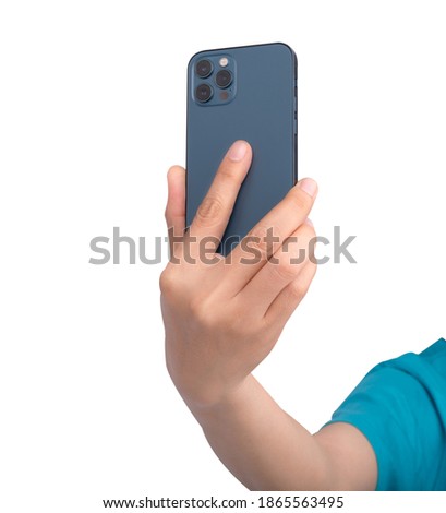 hand hold girl having video-call with lover holding smart phone in hand shooting selfie on camera isolated on white background