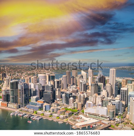 Aerial view of Sydney Central Business District from helicopter at sunset, Australia