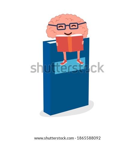 The  cuite human organ brain is sitting on a big book. Train your brain. Reading books. Concept.Vector illustration