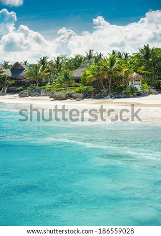 Tropical beach, ocean and sky. Vocation and travel on beautiful beach and tropical sea. Dominican Republic, Seychelles, Caribbean, Bahamas. Relaxing on remote Paradise beach.