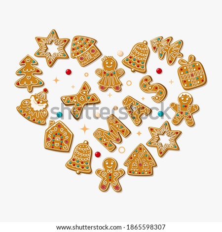 Christmas card with homemade Gingerbread Cookies folded in the shape of a Heart on a white background. Vector illustration